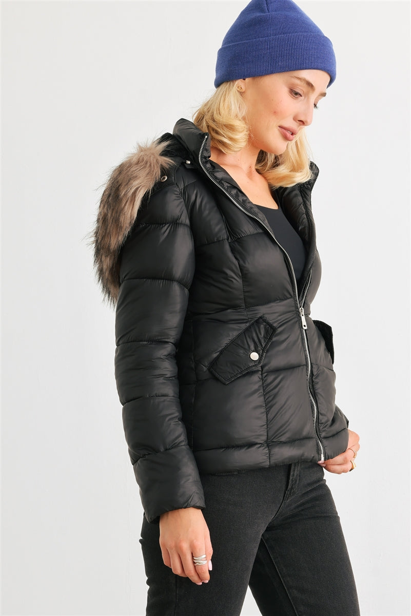 Long Sleeve Faux Fur Hood Padded Water Resistant Finish Jacket - lolaluxeshop