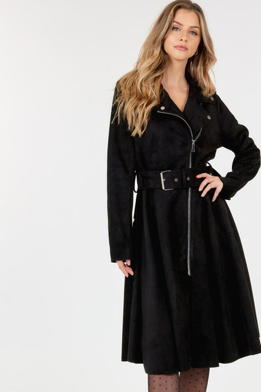 Waist Belt Tacked Faux Suede Coat Solid Coat - lolaluxeshop