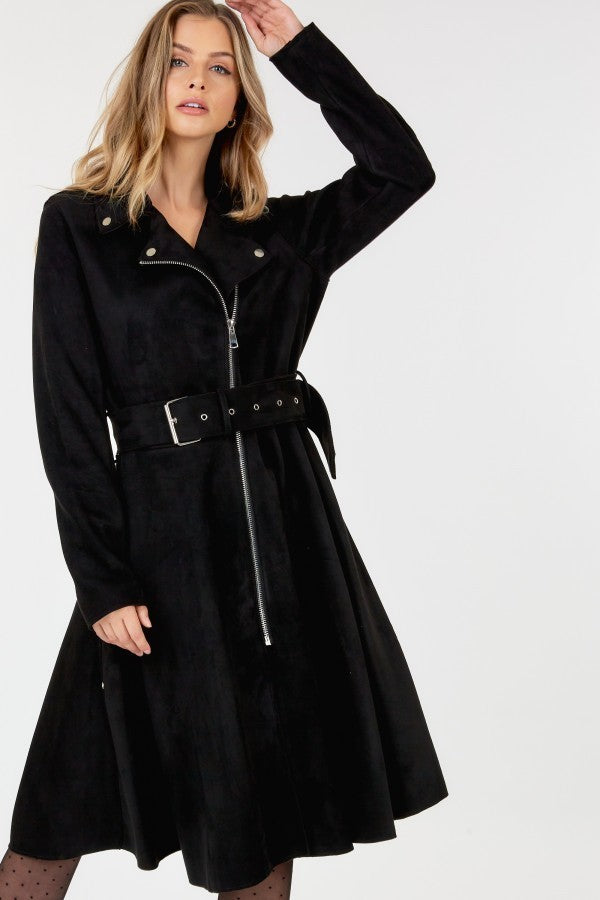 Waist Belt Tacked Faux Suede Coat Solid Coat - lolaluxeshop