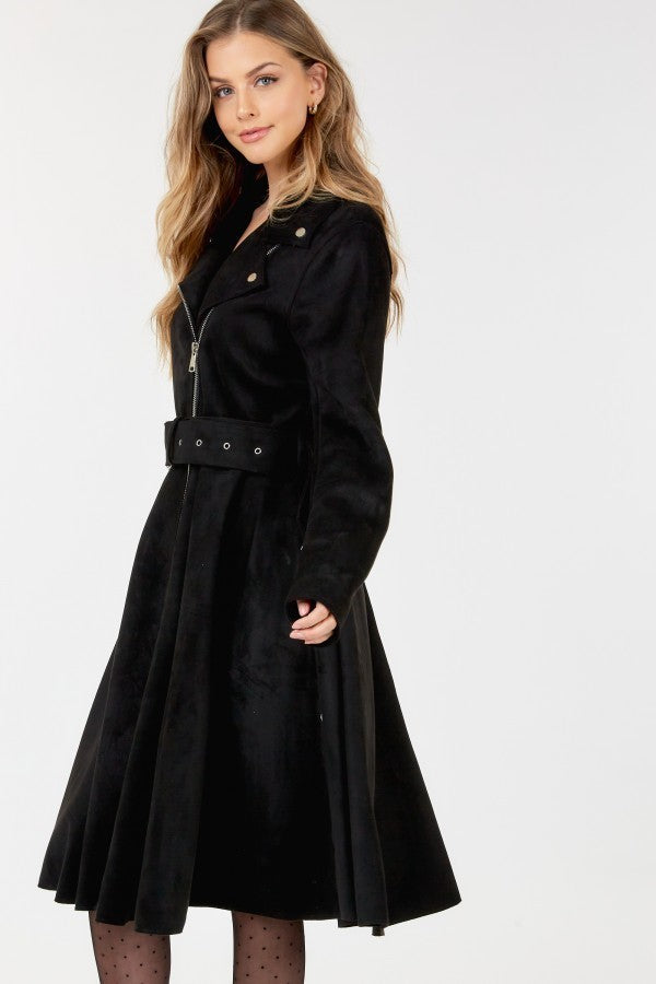 Waist Belt Tacked Faux Suede Coat Solid Coat - lolaluxeshop