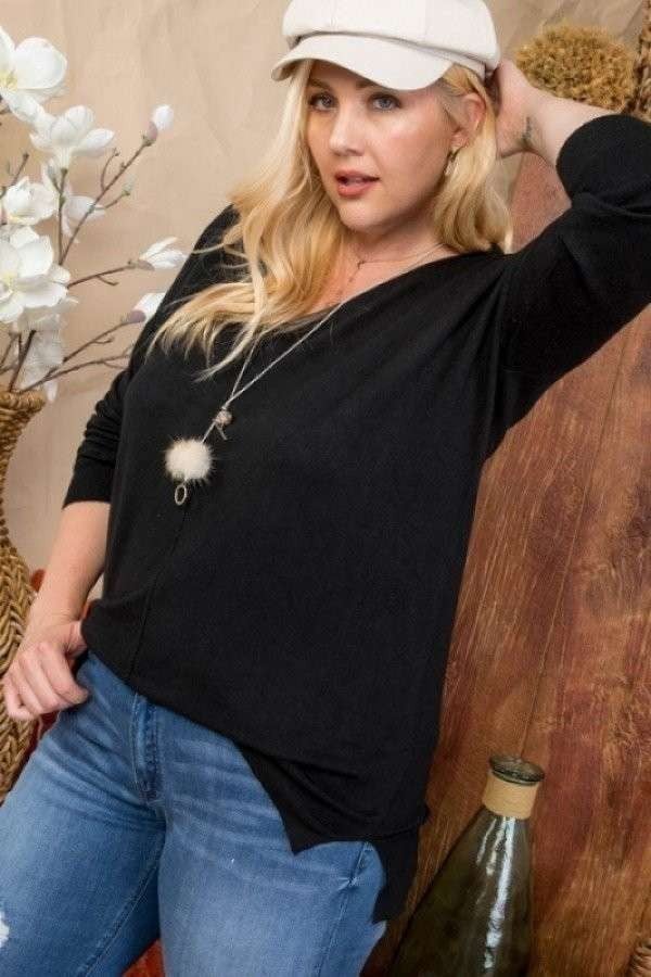 Plus Size V Neck 3/4 Sleeve Side Slit Hi-lo Sweater - lolaluxeshop