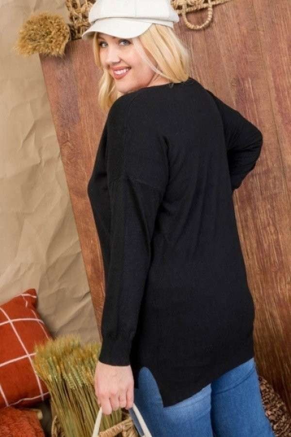 Plus Size V Neck 3/4 Sleeve Side Slit Hi-lo Sweater - lolaluxeshop