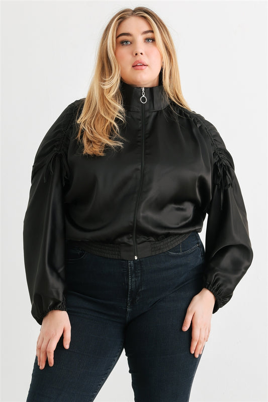 Plus Satin Zip-up Ruched Long Sleeve Cropped Bomber Jacket - lolaluxeshop