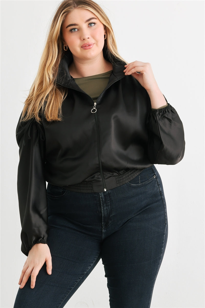 Plus Satin Zip-up Ruched Long Sleeve Cropped Bomber Jacket - lolaluxeshop