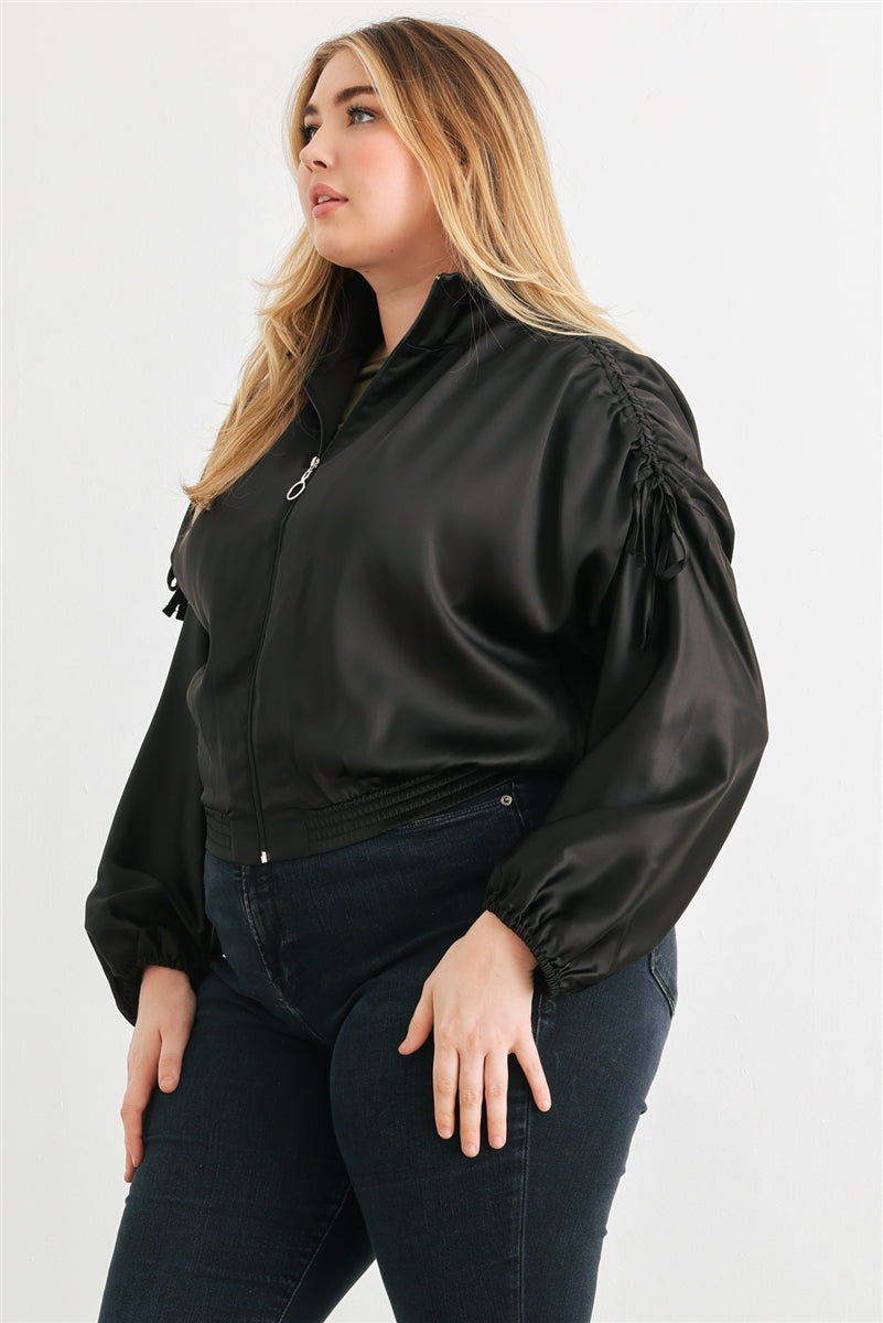 Plus Satin Zip-up Ruched Long Sleeve Cropped Bomber Jacket - lolaluxeshop