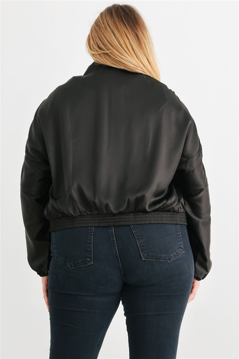 Plus Satin Zip-up Ruched Long Sleeve Cropped Bomber Jacket - lolaluxeshop