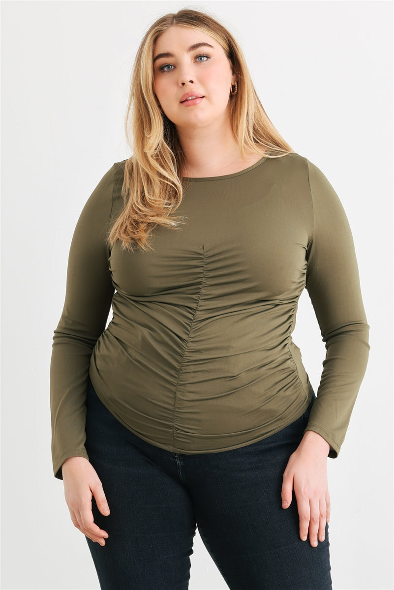 Plus Olive Ruched Long Sleeve Top - lolaluxeshop