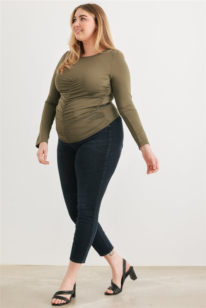 Plus Olive Ruched Long Sleeve Top - lolaluxeshop