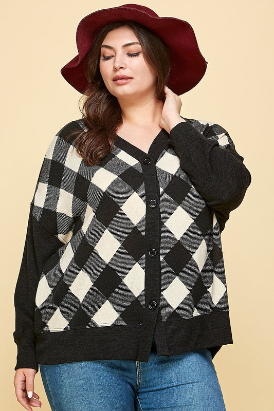 Plus Size Buffalo Plaid Knit Button Up Oversize Cardigan - lolaluxeshop