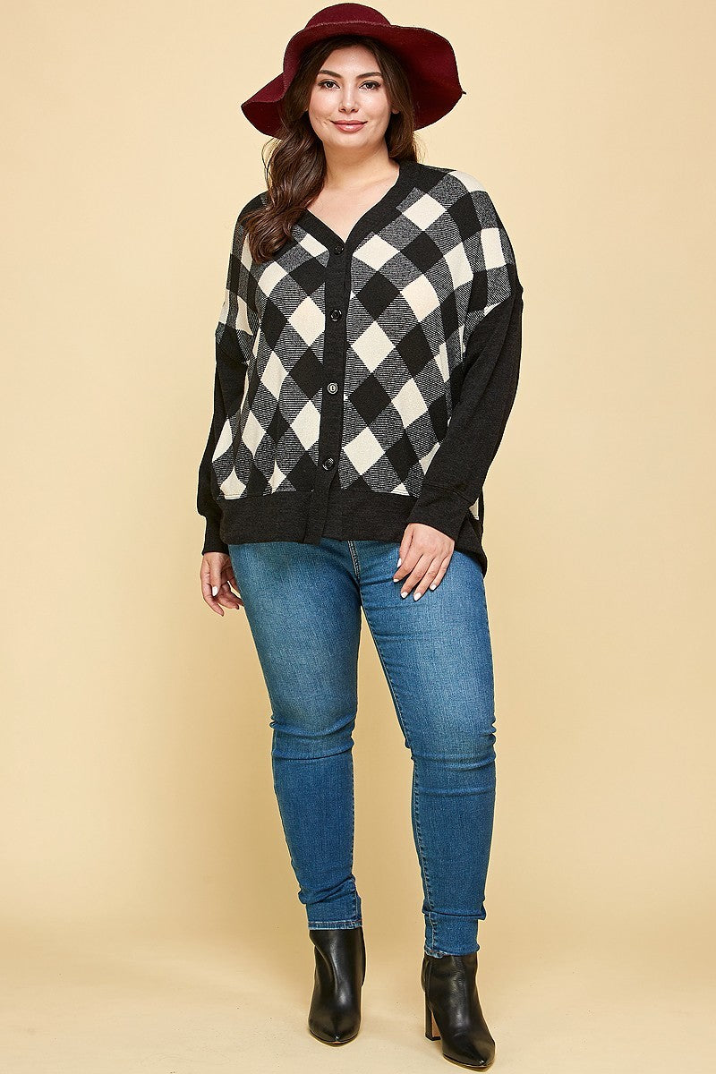 Plus Size Buffalo Plaid Knit Button Up Oversize Cardigan - lolaluxeshop