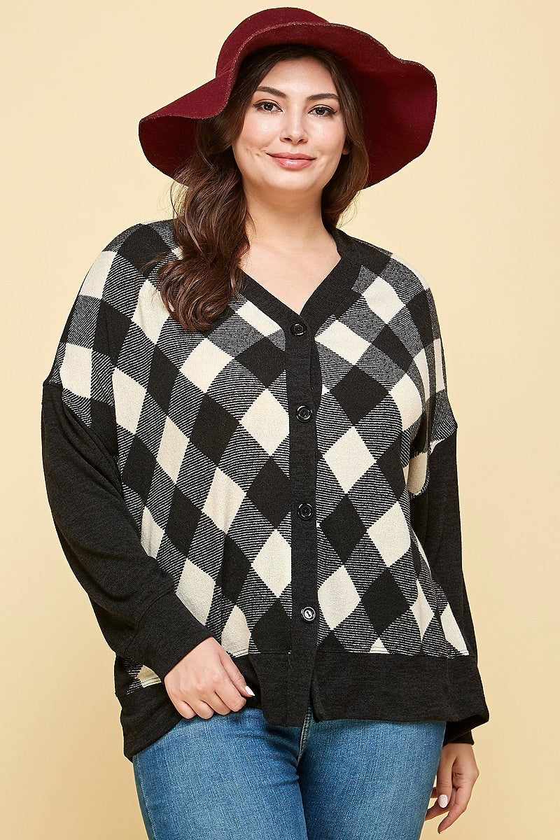 Plus Size Buffalo Plaid Knit Button Up Oversize Cardigan - lolaluxeshop