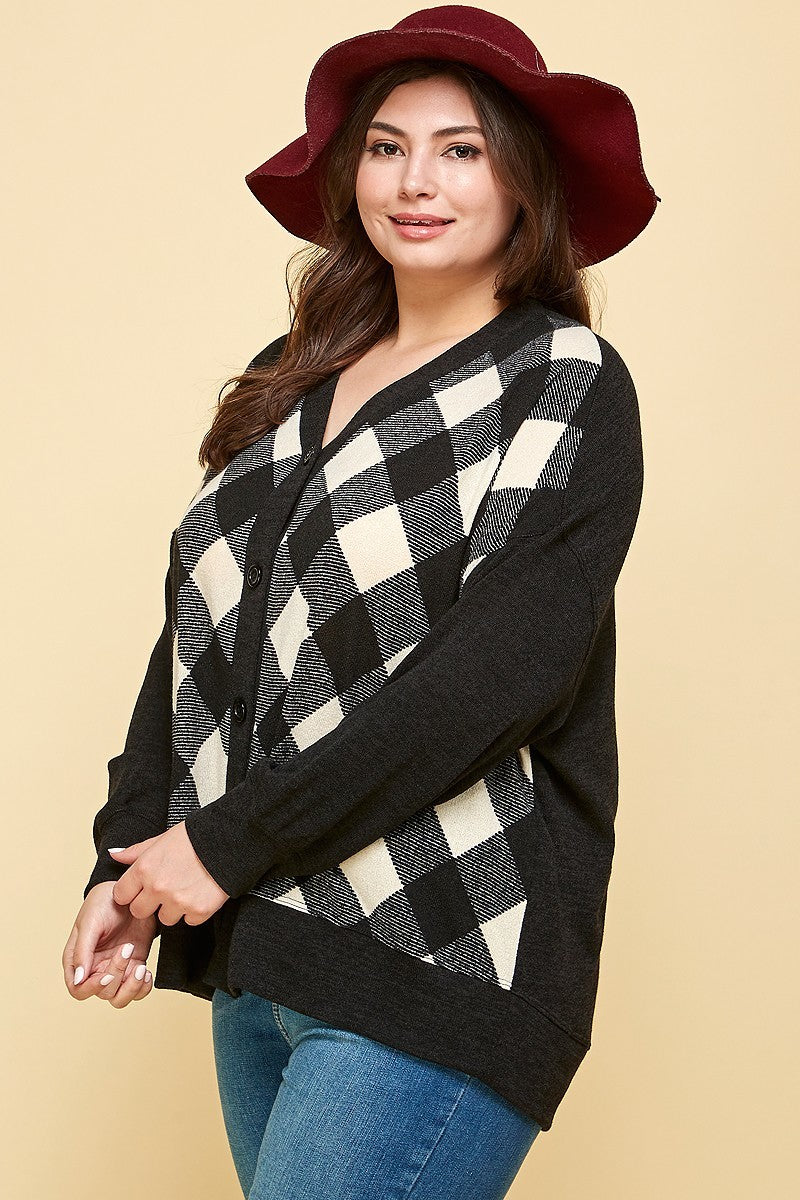 Plus Size Buffalo Plaid Knit Button Up Oversize Cardigan - lolaluxeshop