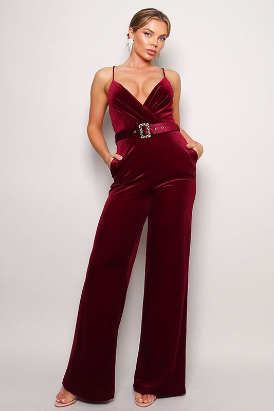 Samba Rhinestone Belt Velvet Jumpsuit - lolaluxeshop