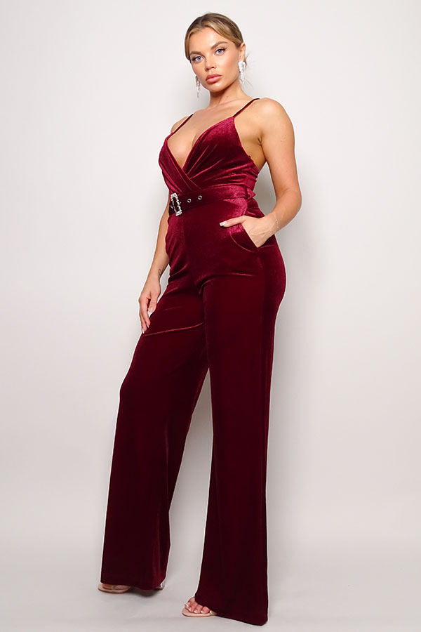 Samba Rhinestone Belt Velvet Jumpsuit - lolaluxeshop