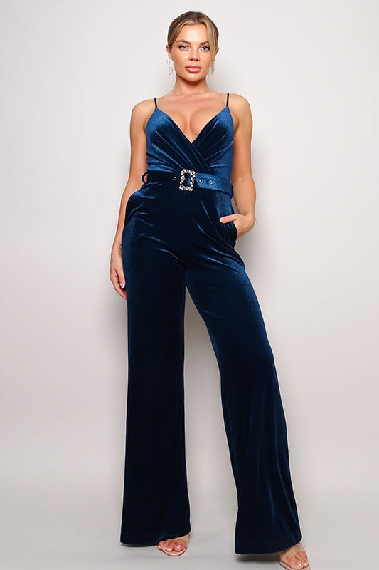 Samba Rhinestone Belt Velvet Jumpsuit - lolaluxeshop