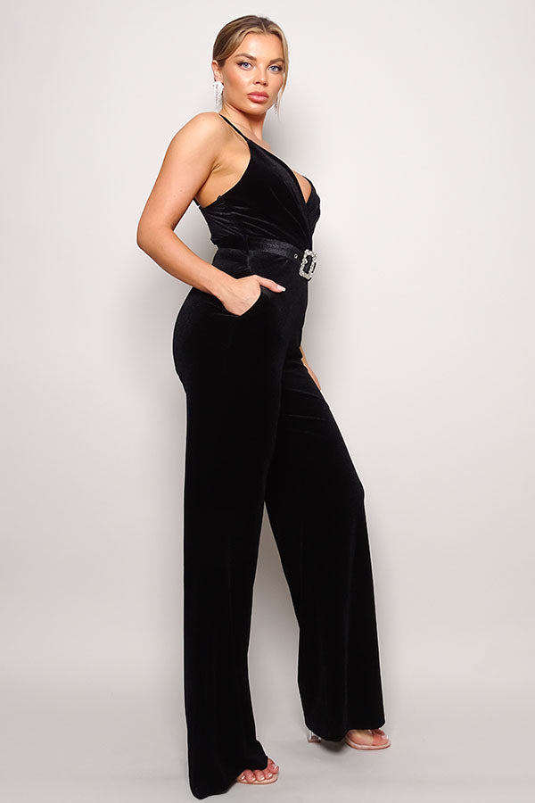 Samba Rhinestone Belt Velvet Jumpsuit - lolaluxeshop