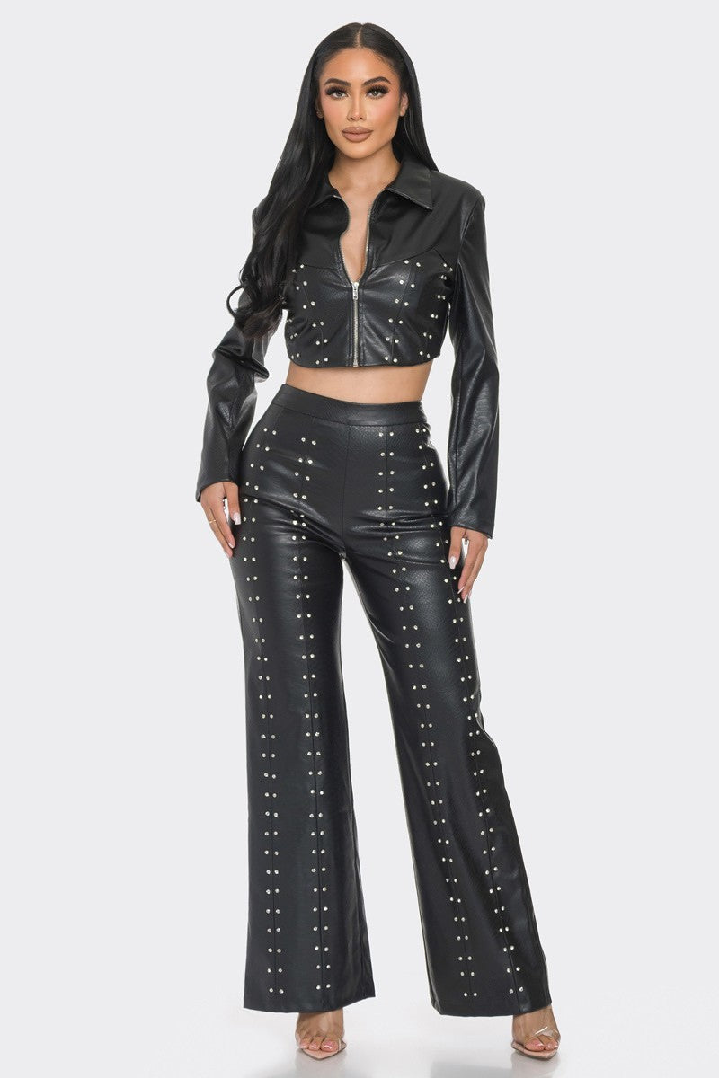 Faux Leather Set With Rhinestone Detail - lolaluxeshop