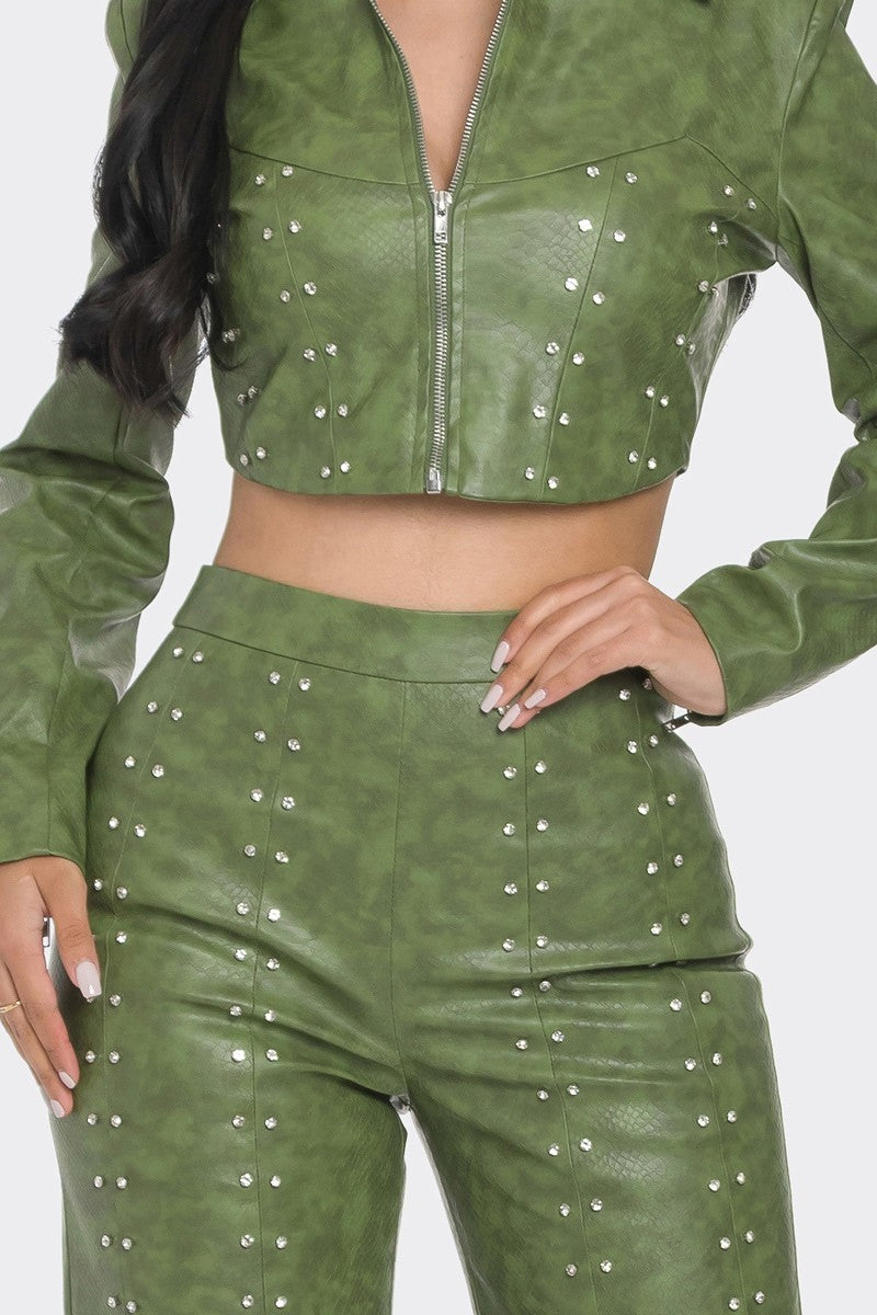 Faux Leather Set With Rhinestone Detail - lolaluxeshop