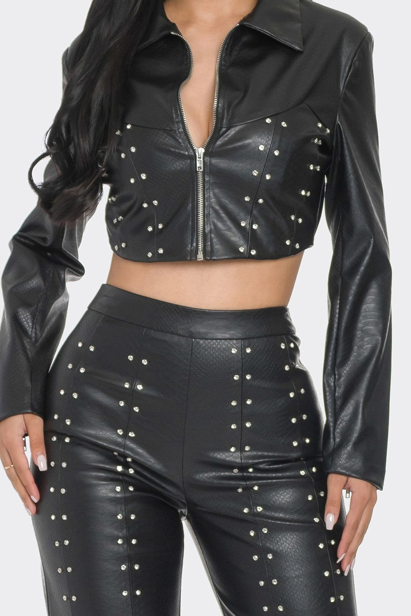 Faux Leather Set With Rhinestone Detail - lolaluxeshop