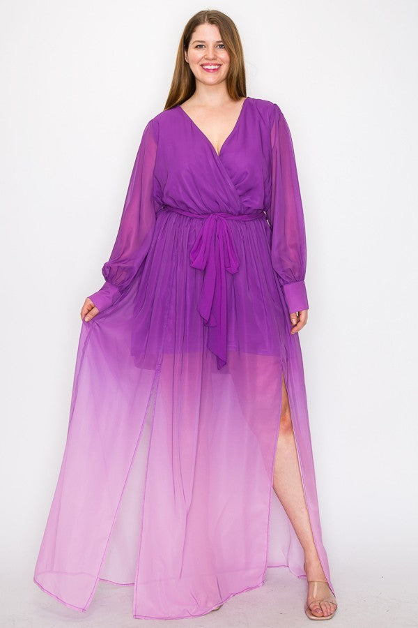 Ombre Chiffon Wrap Front Long Sleeve Tie Waist Slit Front Maxi Dress - lolaluxeshop