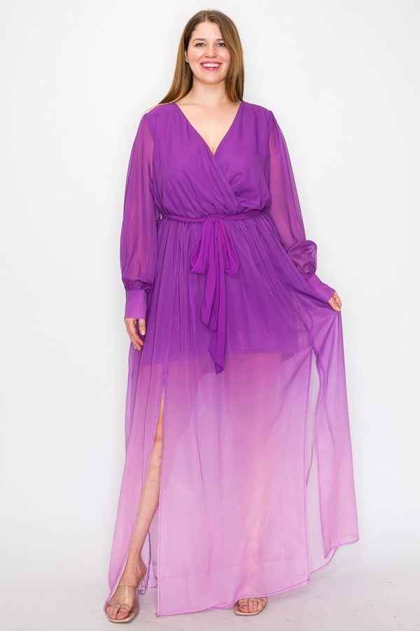 Ombre Chiffon Wrap Front Long Sleeve Tie Waist Slit Front Maxi Dress - lolaluxeshop