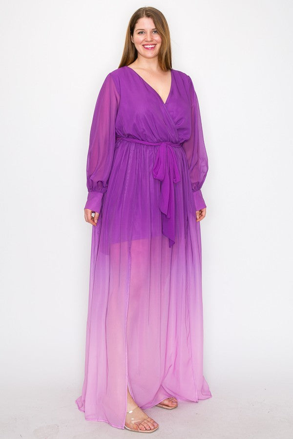 Ombre Chiffon Wrap Front Long Sleeve Tie Waist Slit Front Maxi Dress - lolaluxeshop