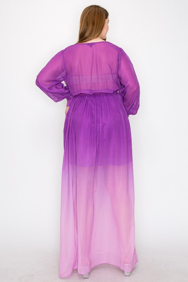 Ombre Chiffon Wrap Front Long Sleeve Tie Waist Slit Front Maxi Dress - lolaluxeshop