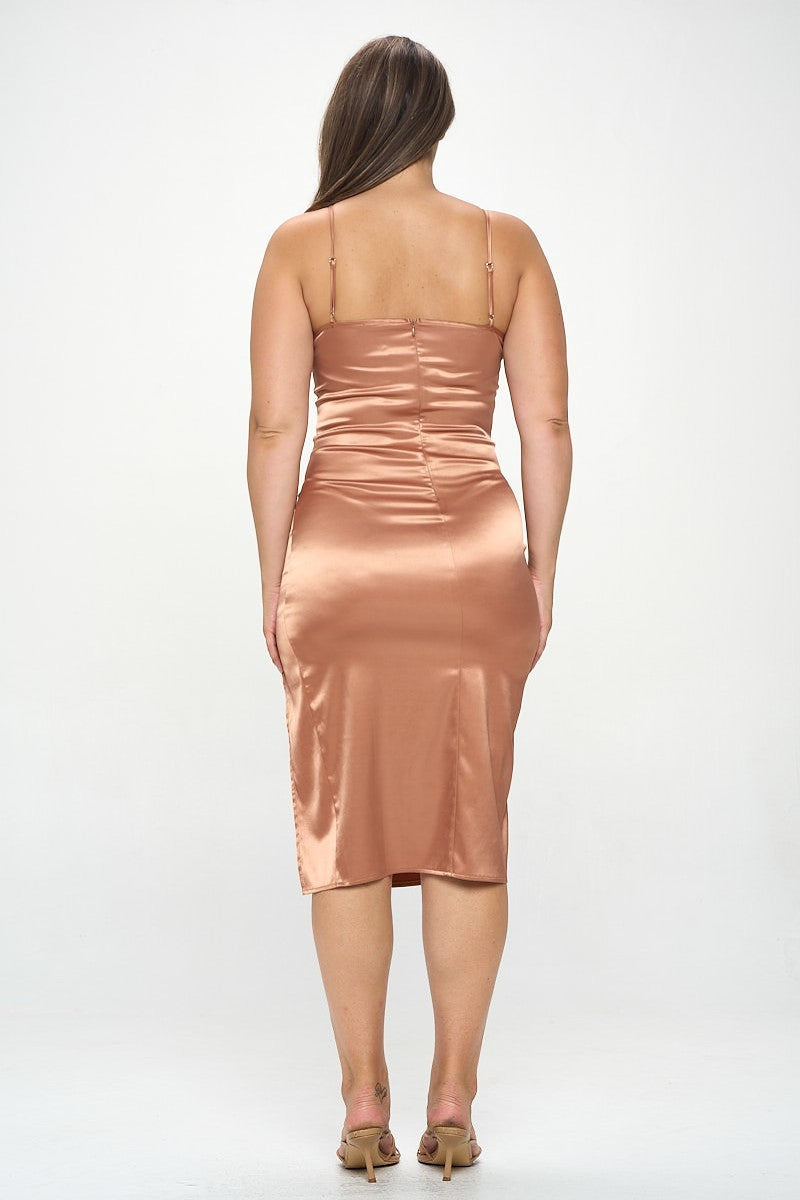 Plus Solid Satin Front Knot Bodycon Midi Dress - lolaluxeshop