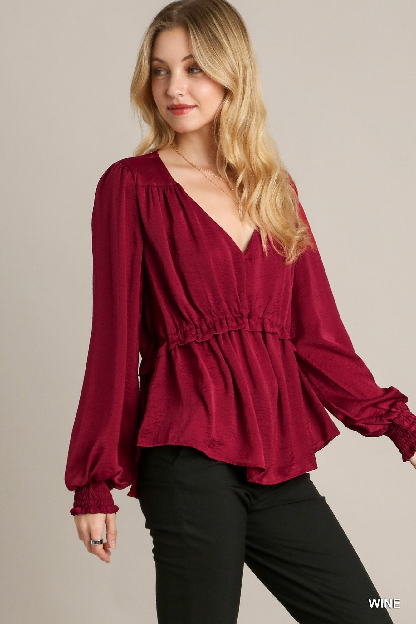 Satin V-neck Ruffle Baby Doll Top With Cuffed Long Sleeve - lolaluxeshop