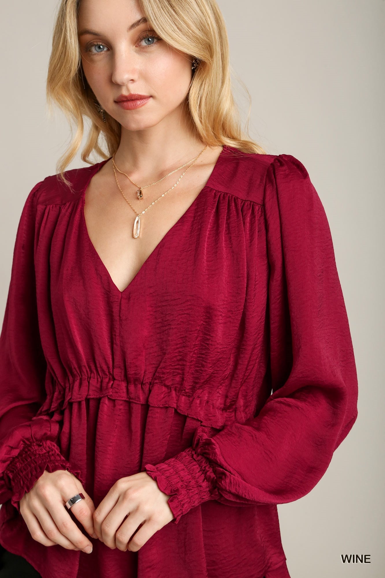 Satin V-neck Ruffle Baby Doll Top With Cuffed Long Sleeve - lolaluxeshop