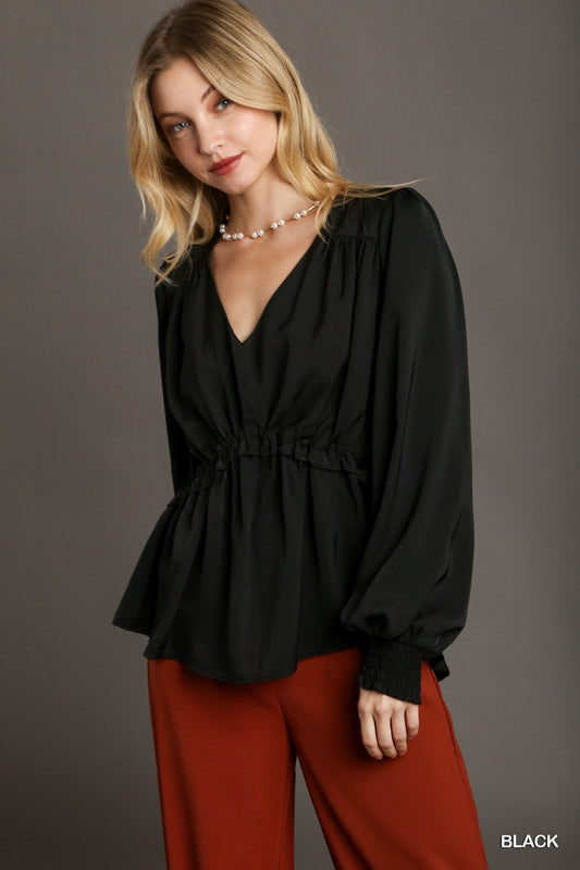 Satin V-neck Ruffle Baby Doll Top With Cuffed Long Sleeve - lolaluxeshop