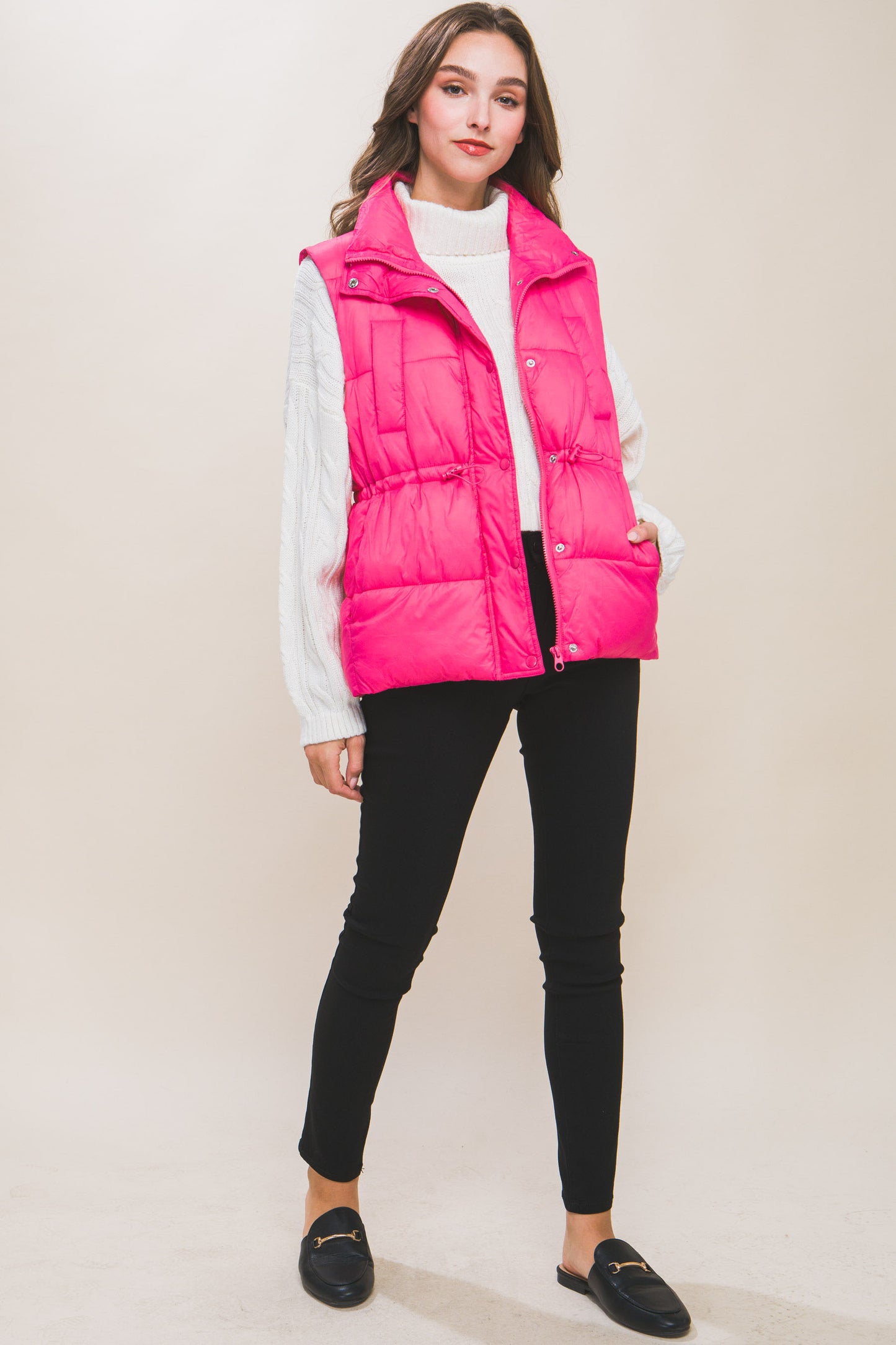 Zip Up Button Puffer Vest With Waist Toggles - lolaluxeshop