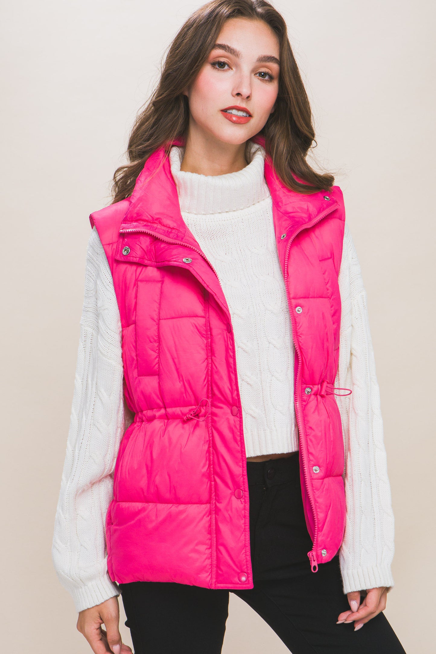 Zip Up Button Puffer Vest With Waist Toggles - lolaluxeshop