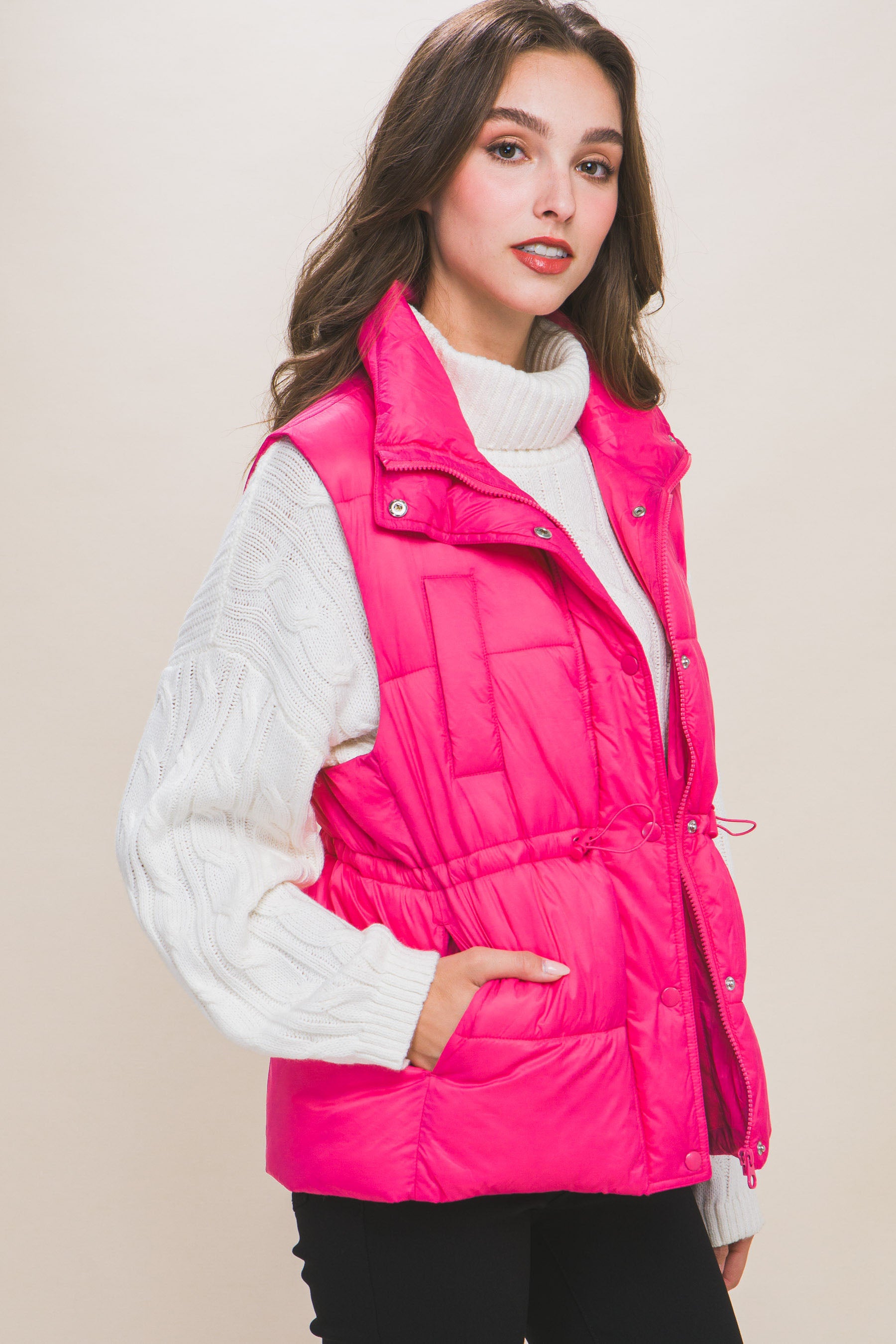 Zip Up Button Puffer Vest With Waist Toggles - lolaluxeshop