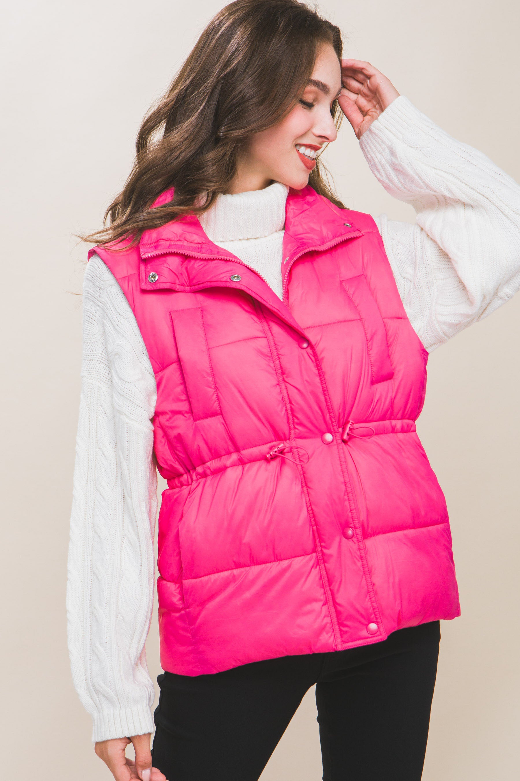 Zip Up Button Puffer Vest With Waist Toggles - lolaluxeshop