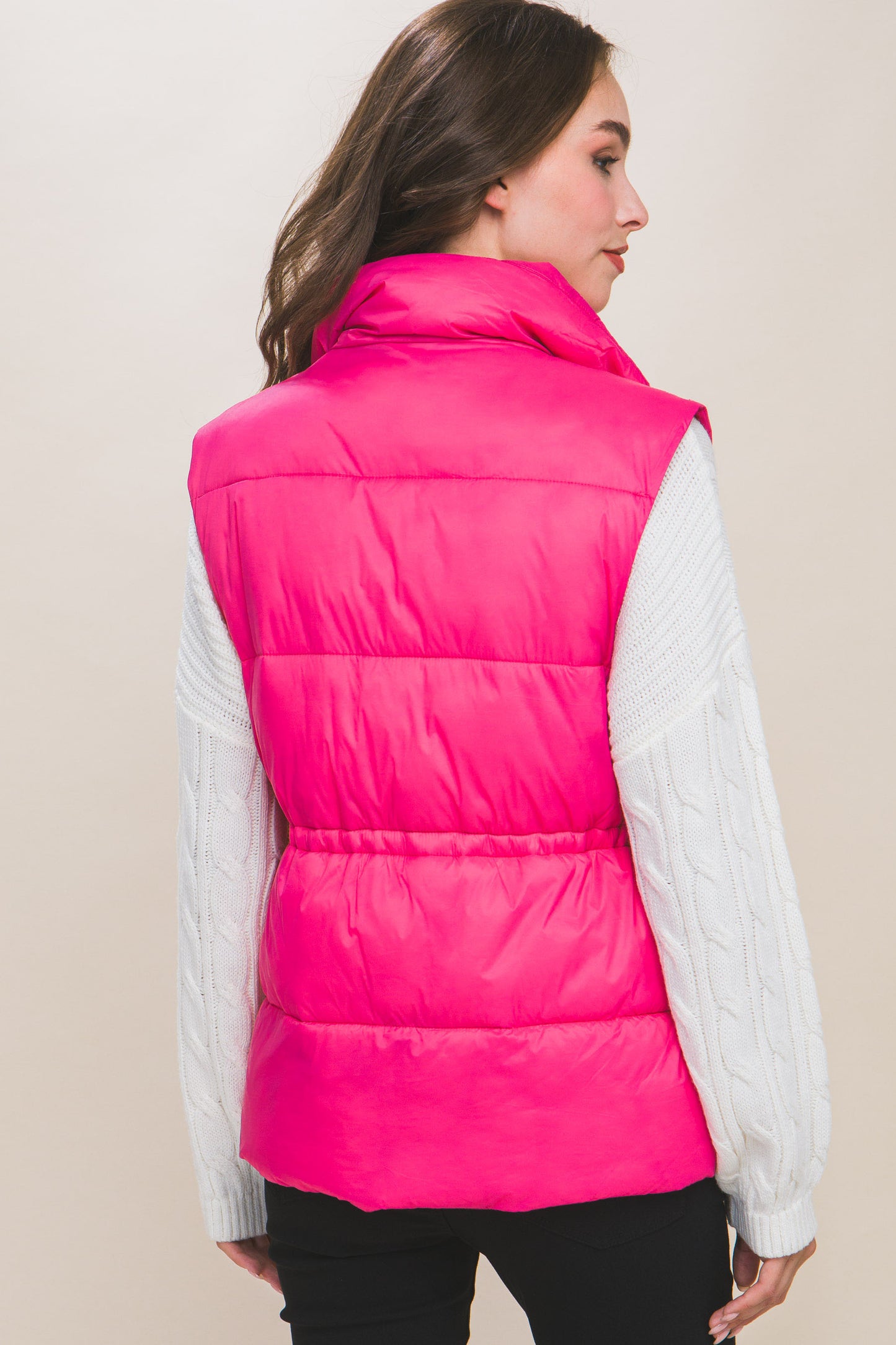 Zip Up Button Puffer Vest With Waist Toggles - lolaluxeshop