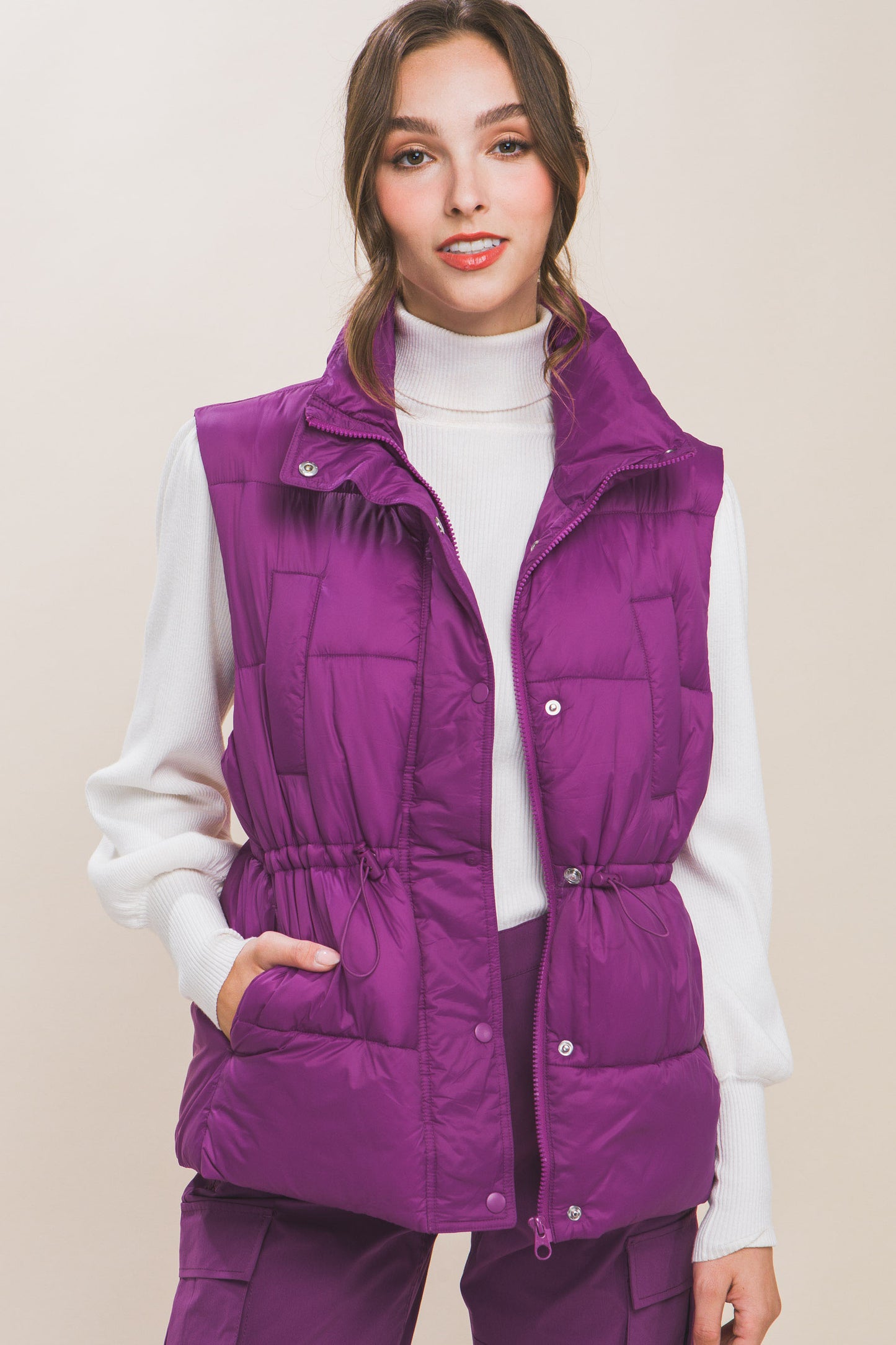 Zip Up Button Puffer Vest With Waist Toggles - lolaluxeshop