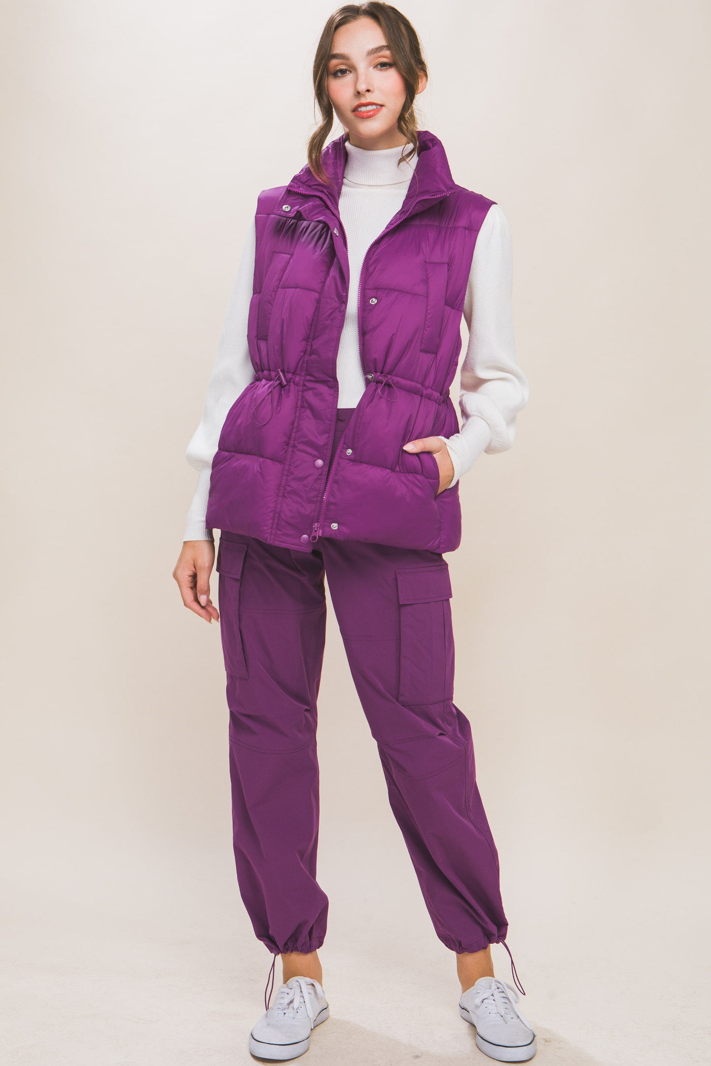 Zip Up Button Puffer Vest With Waist Toggles - lolaluxeshop