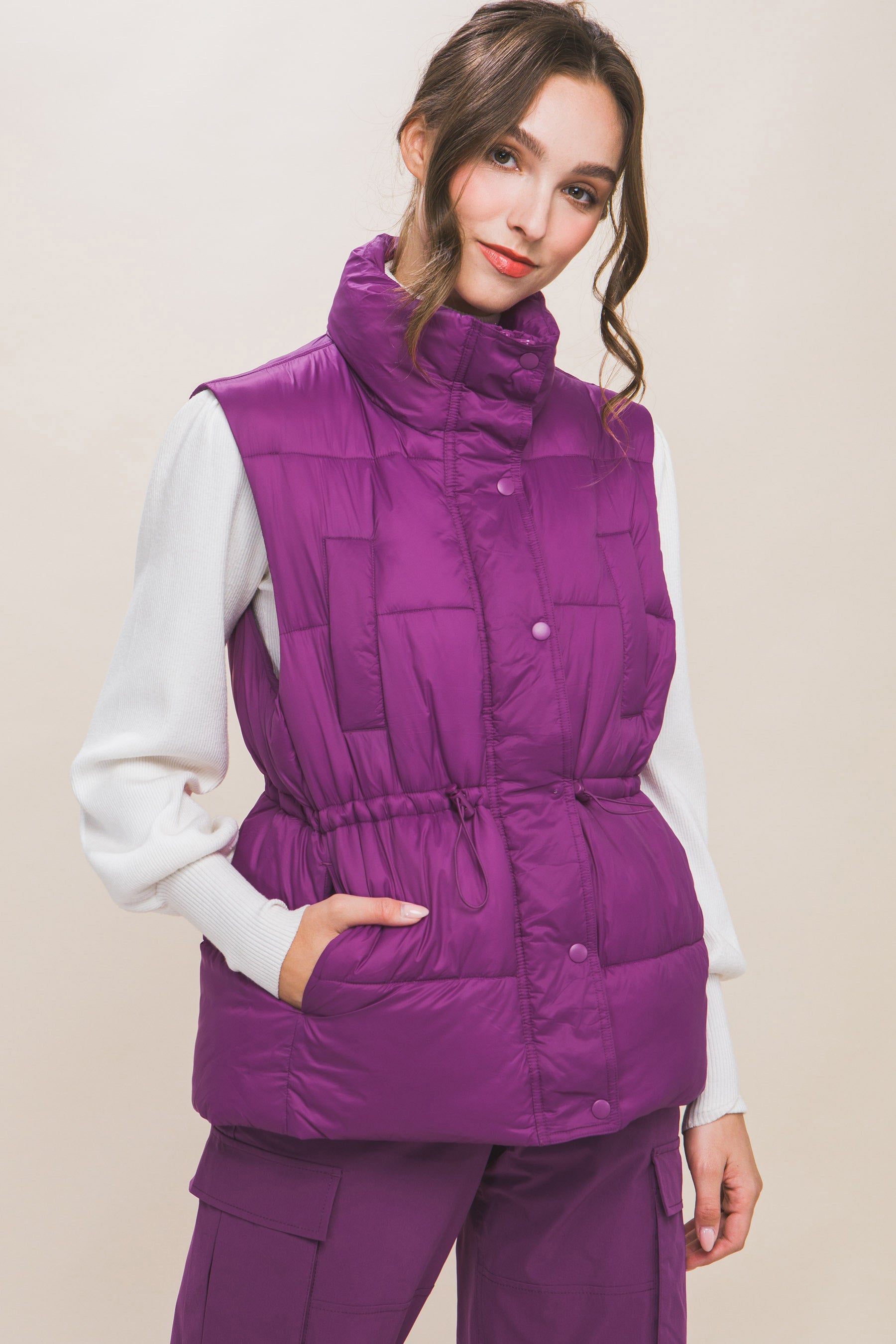 Zip Up Button Puffer Vest With Waist Toggles - lolaluxeshop