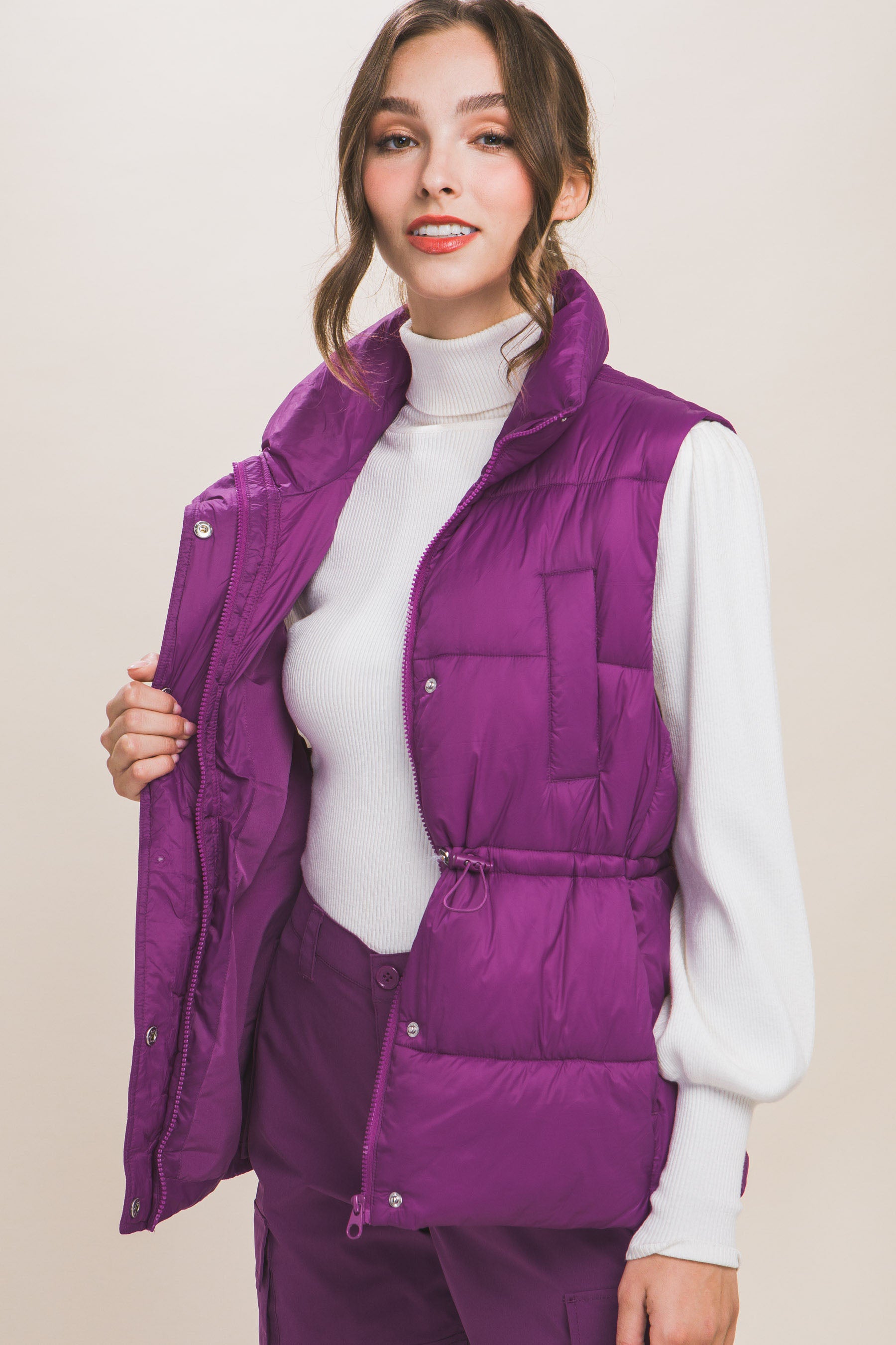 Zip Up Button Puffer Vest With Waist Toggles - lolaluxeshop