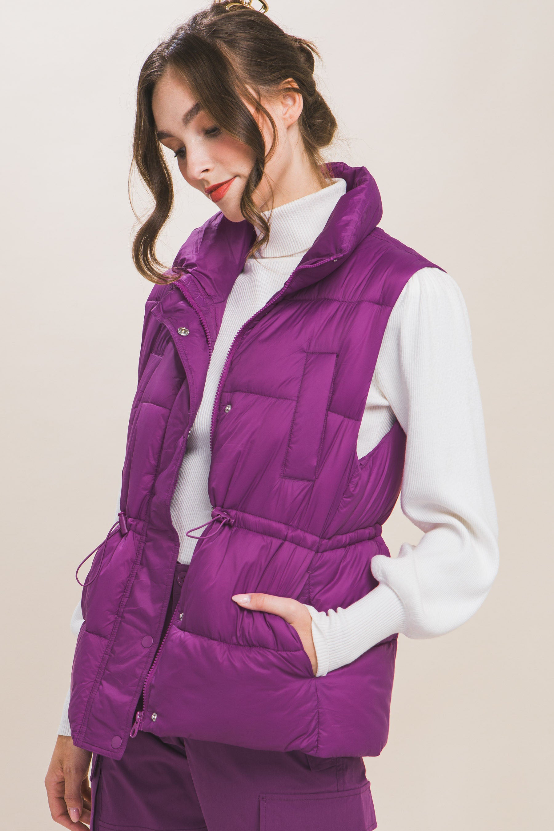 Zip Up Button Puffer Vest With Waist Toggles - lolaluxeshop