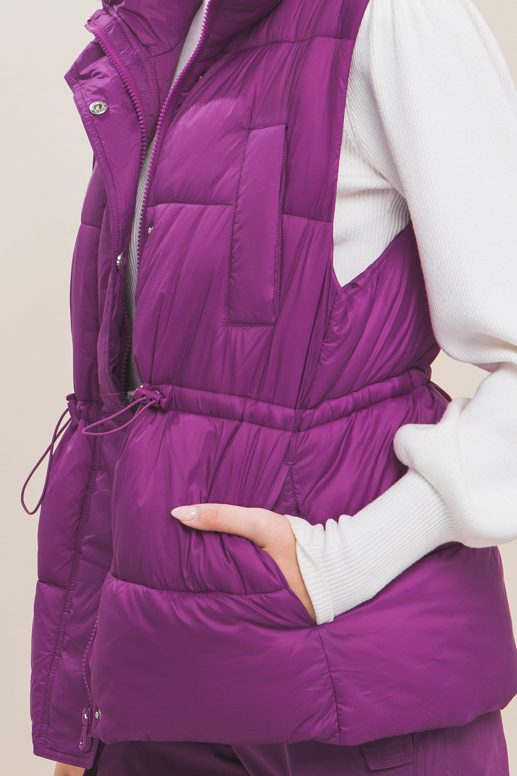 Zip Up Button Puffer Vest With Waist Toggles - lolaluxeshop