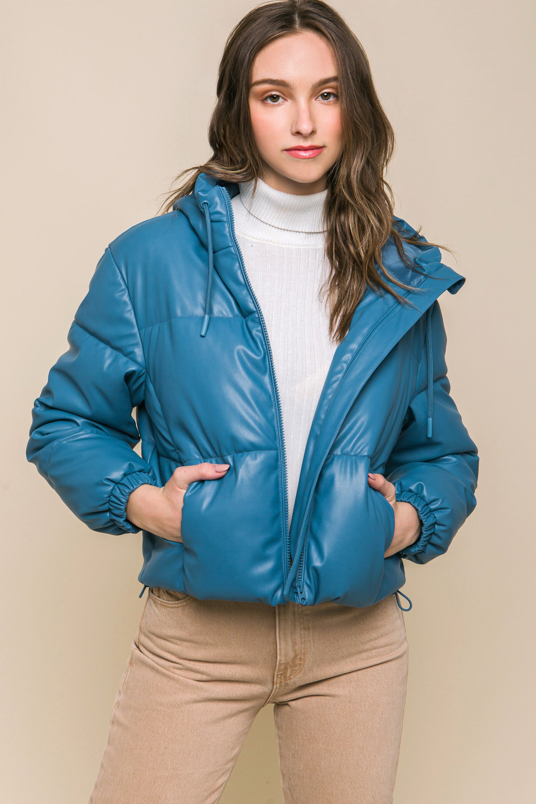 Pu Faux Leather Zipper Hooded Puffer Jacket - lolaluxeshop