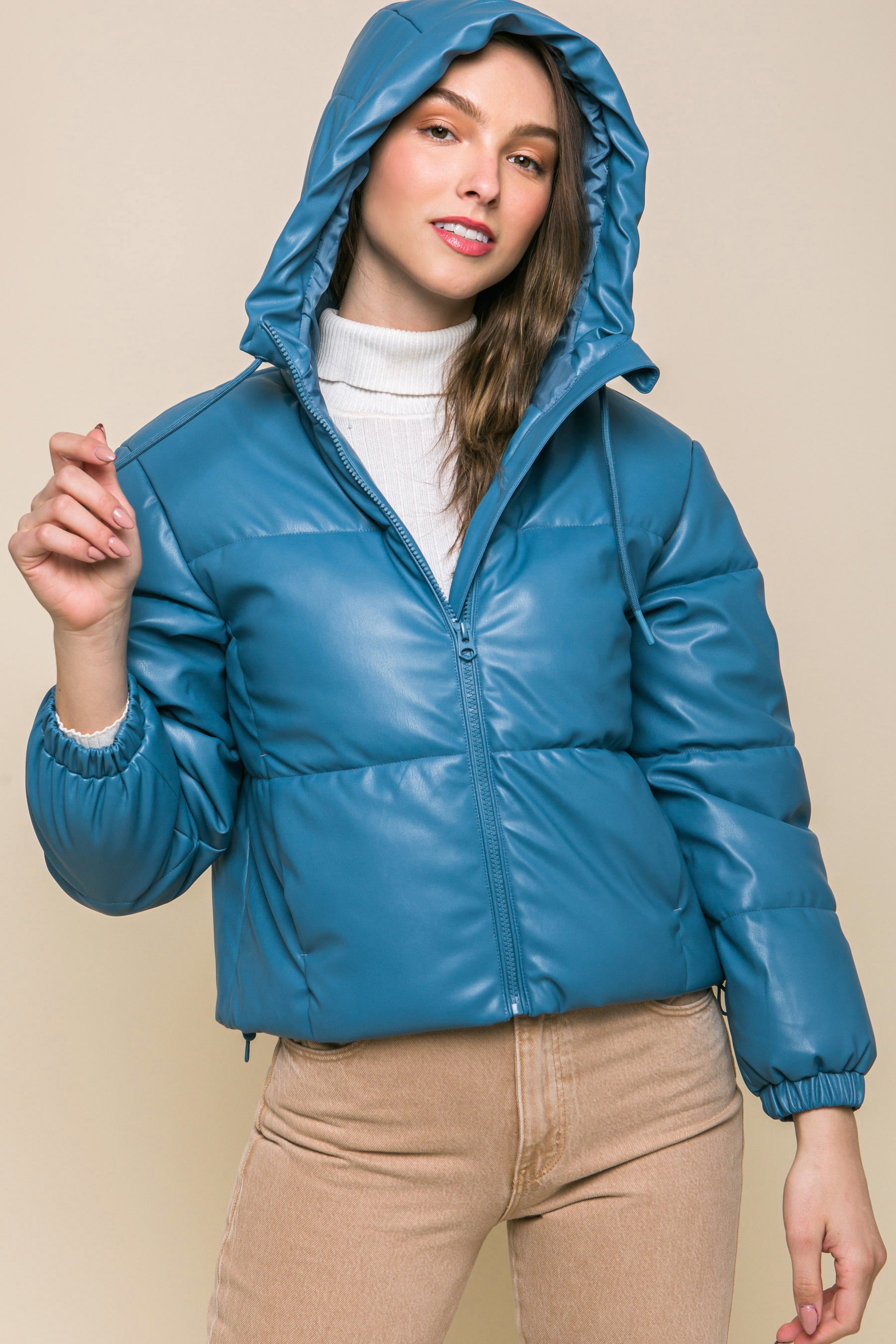 Pu Faux Leather Zipper Hooded Puffer Jacket - lolaluxeshop