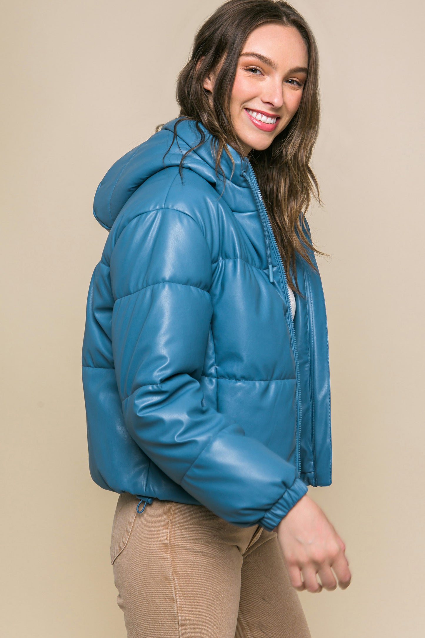 Pu Faux Leather Zipper Hooded Puffer Jacket - lolaluxeshop