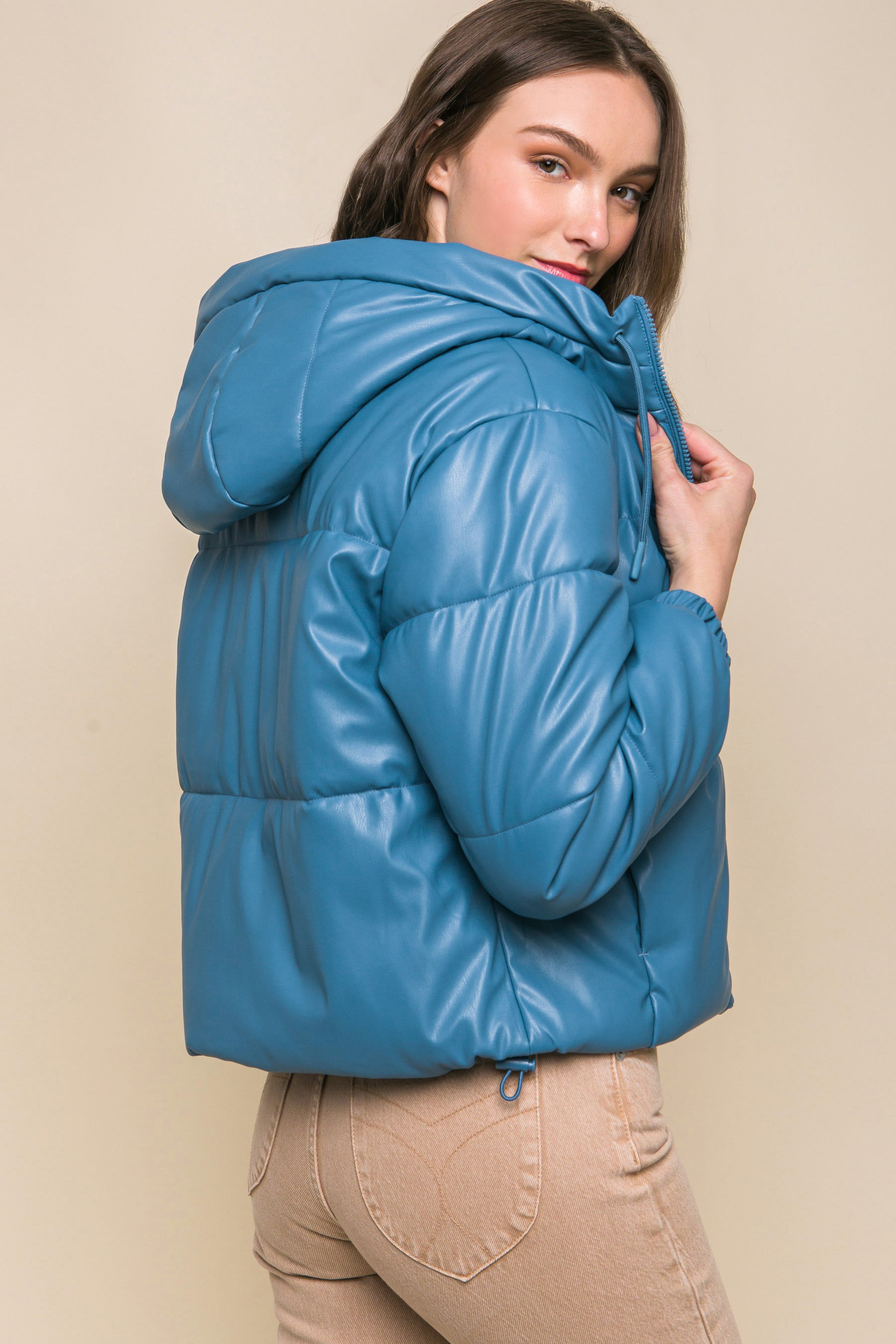 Pu Faux Leather Zipper Hooded Puffer Jacket - lolaluxeshop