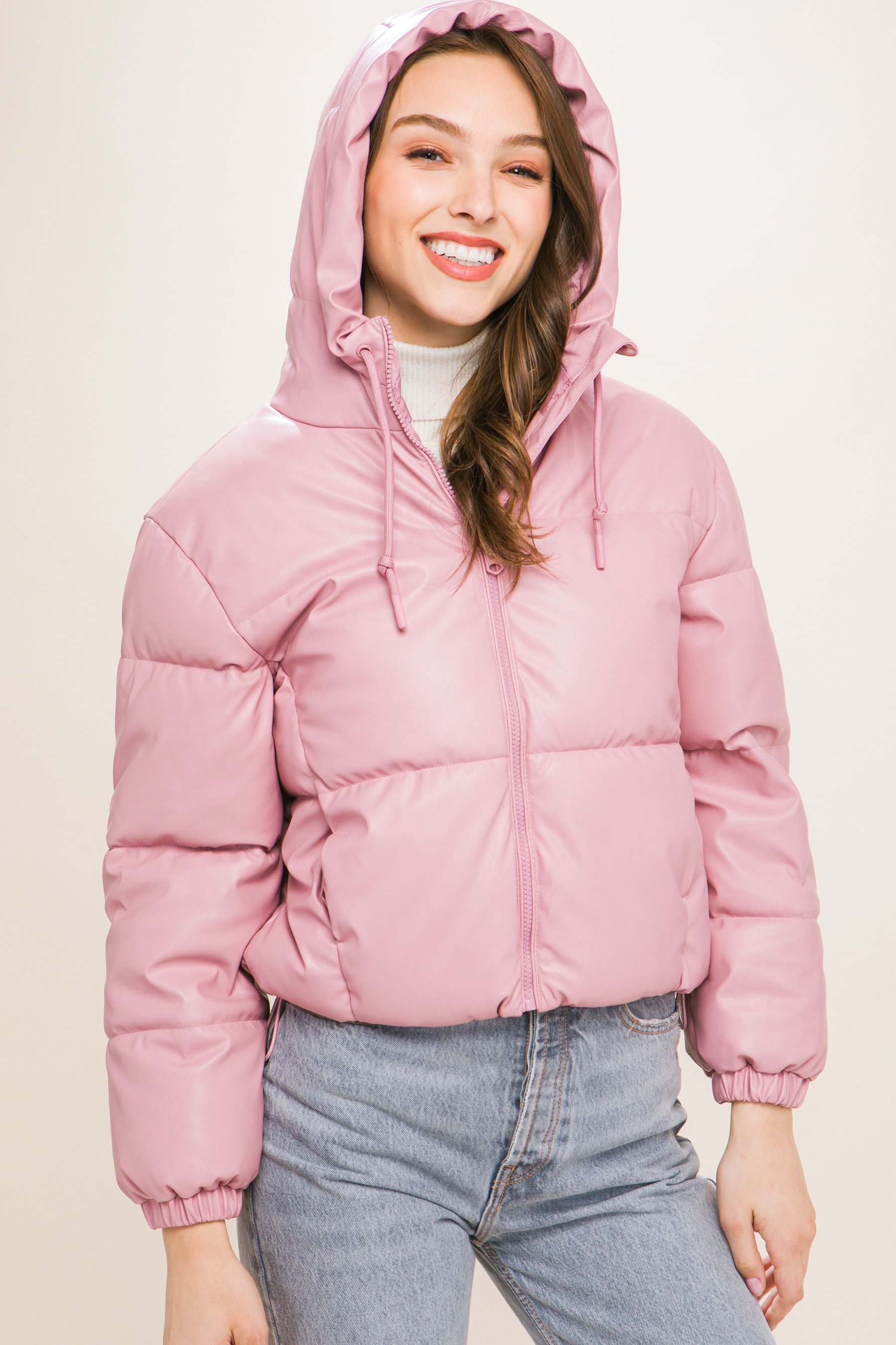 Pu Faux Leather Zipper Hooded Puffer Jacket - lolaluxeshop