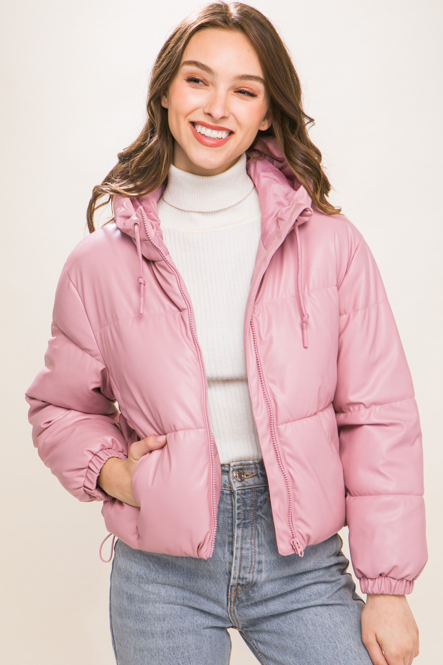 Pu Faux Leather Zipper Hooded Puffer Jacket - lolaluxeshop