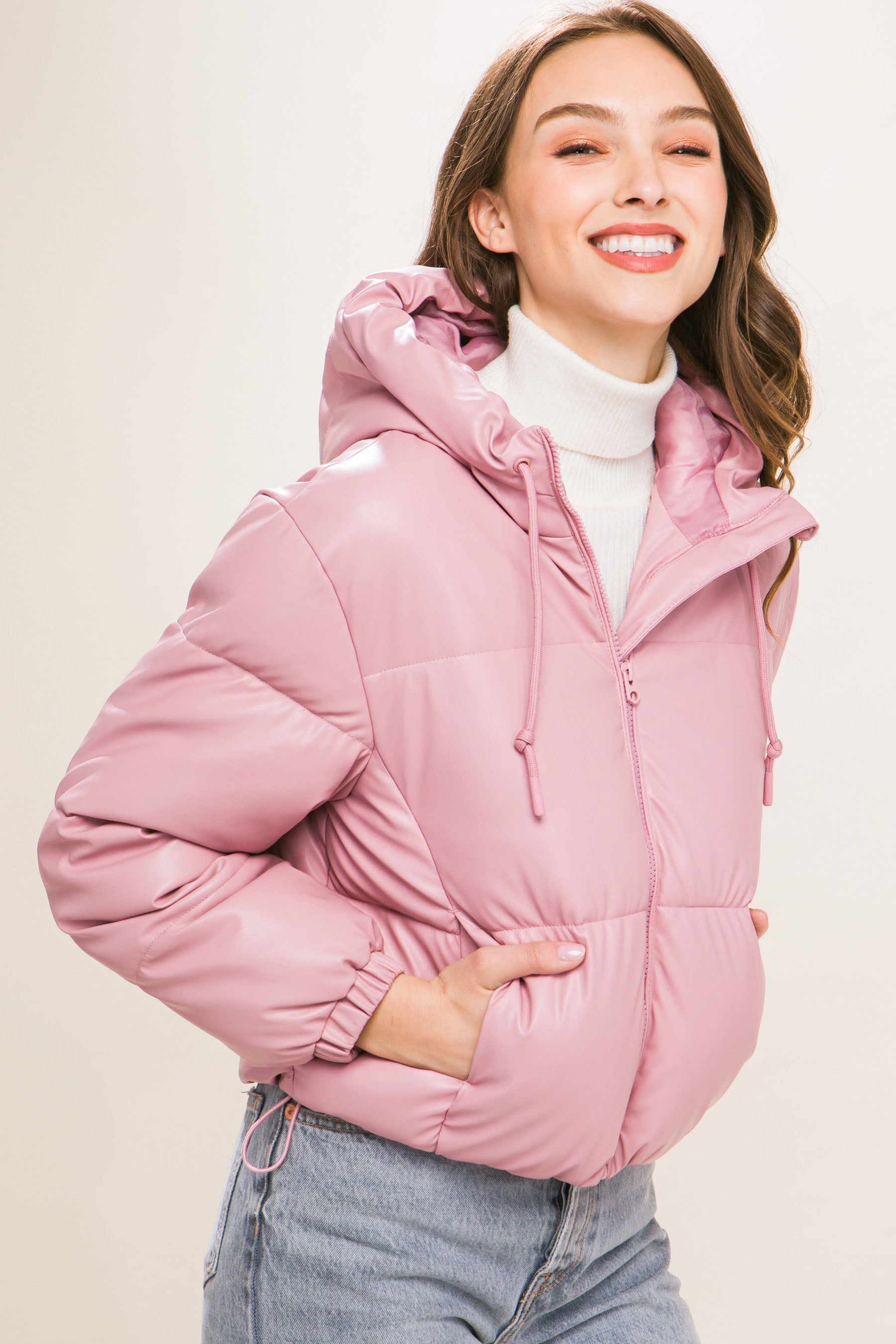 Pu Faux Leather Zipper Hooded Puffer Jacket - lolaluxeshop