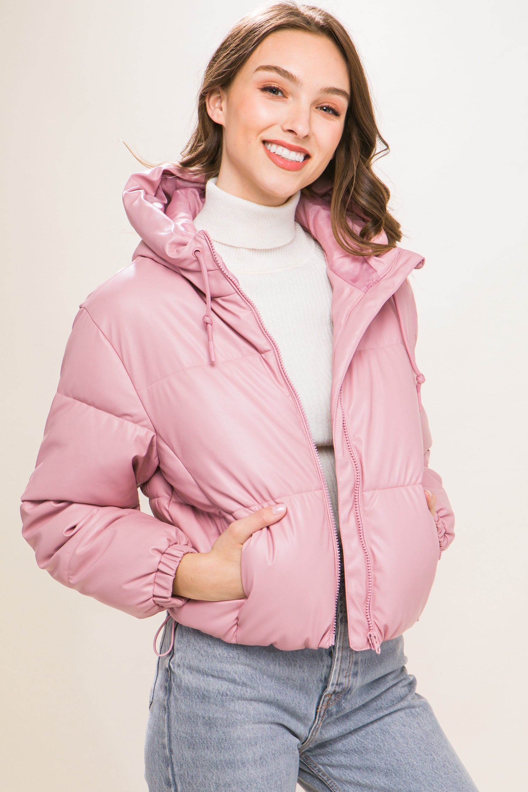 Pu Faux Leather Zipper Hooded Puffer Jacket - lolaluxeshop